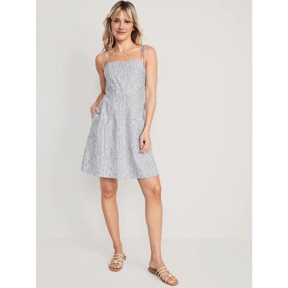 NWT - Old Navy - Fit & Flare Tie Strap Cami Mini Linen Dress - Pinstripe - S - Picture 1 of 13
